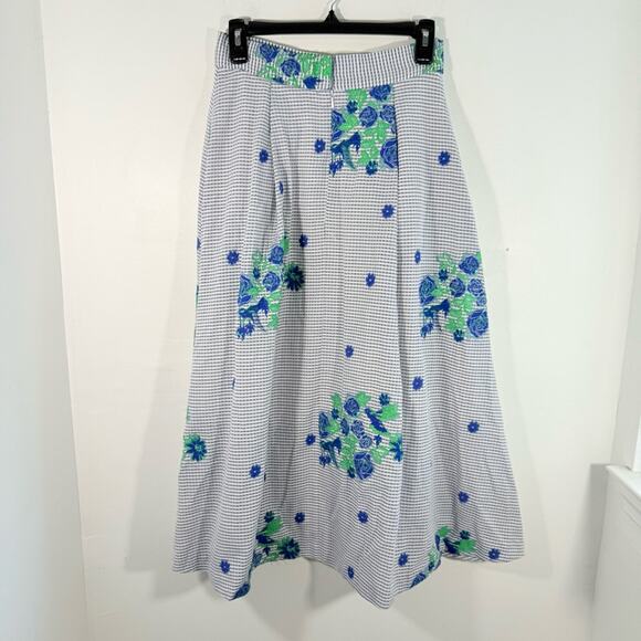 Pearl by Lela Rose Blue Gingham Floral A Line Midi Length Skirt Size 2 - Picture 9 of 10